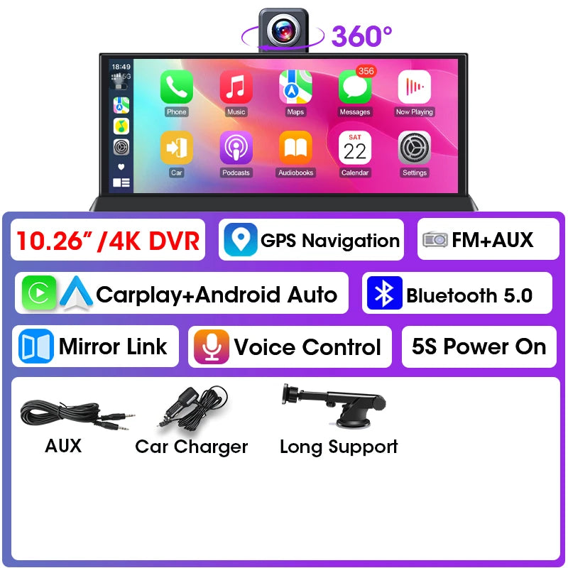 Écran CarPlay Android Auto Portable 10,26" – Dashcam 4K Objectif Rotatif Bluetooth Radio Universel – CLEVI Paris
