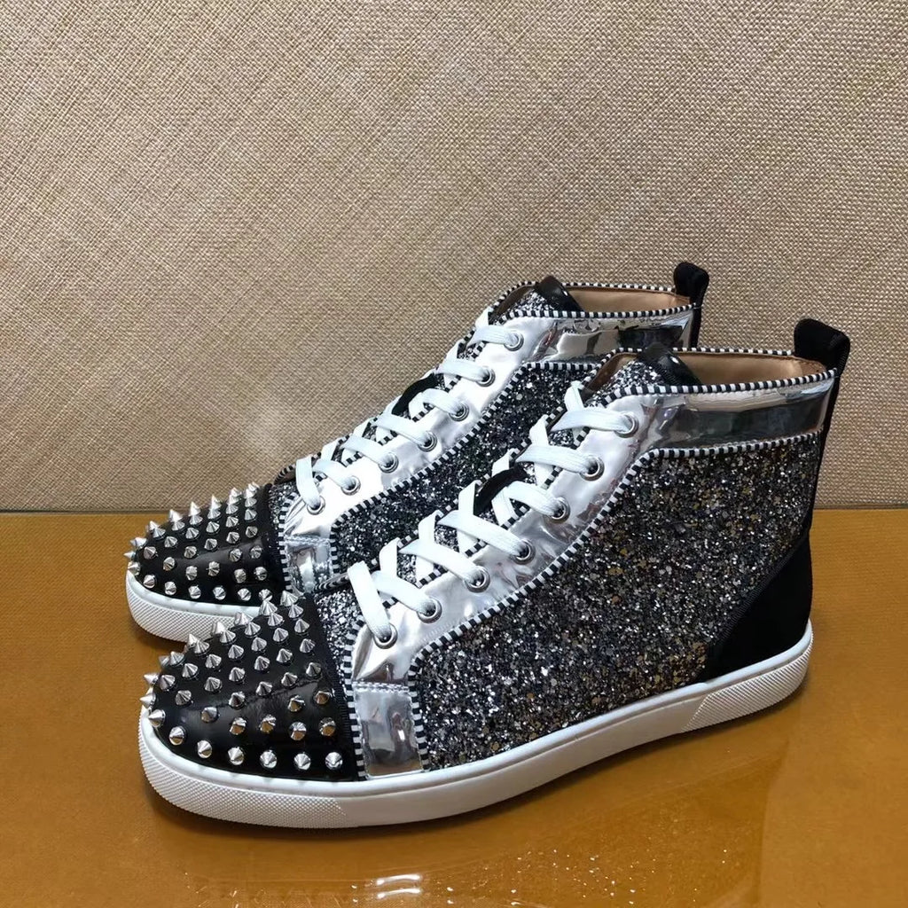 Sneakers Montantes Cuir Véritable Paillettes Argent – Rivets, Semelle Rouge, Unisexe, Tailles 35-48 – CLEVI Paris
