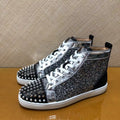 Sneakers Montantes Cuir Véritable Paillettes Argent – Rivets, Semelle Rouge, Unisexe, Tailles 35-48 – CLEVI Paris