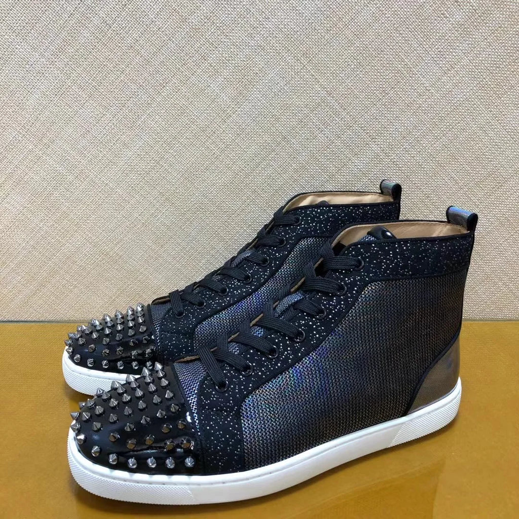 Sneakers Montantes Cuir Véritable Noir & Bleu Rivets Argentés Homme – Semelle Rouge, Tailles 35-48 – CLEVI Paris
