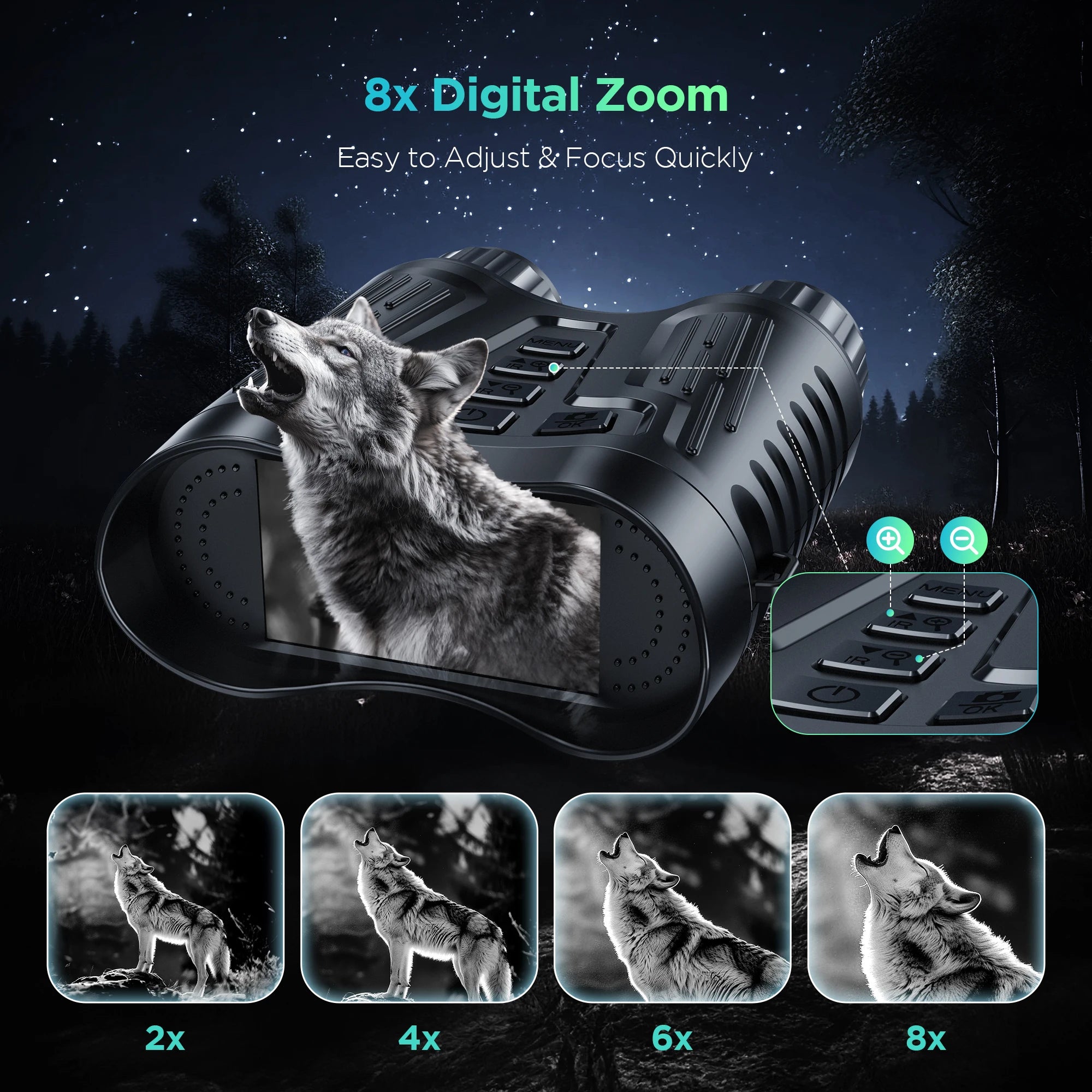 Jumelles Vision Nocturne 4K UHD Infrarouge – 8x Zoom | Écran LCD 3,2" | IP54 | 32Go | Chasse & Camping