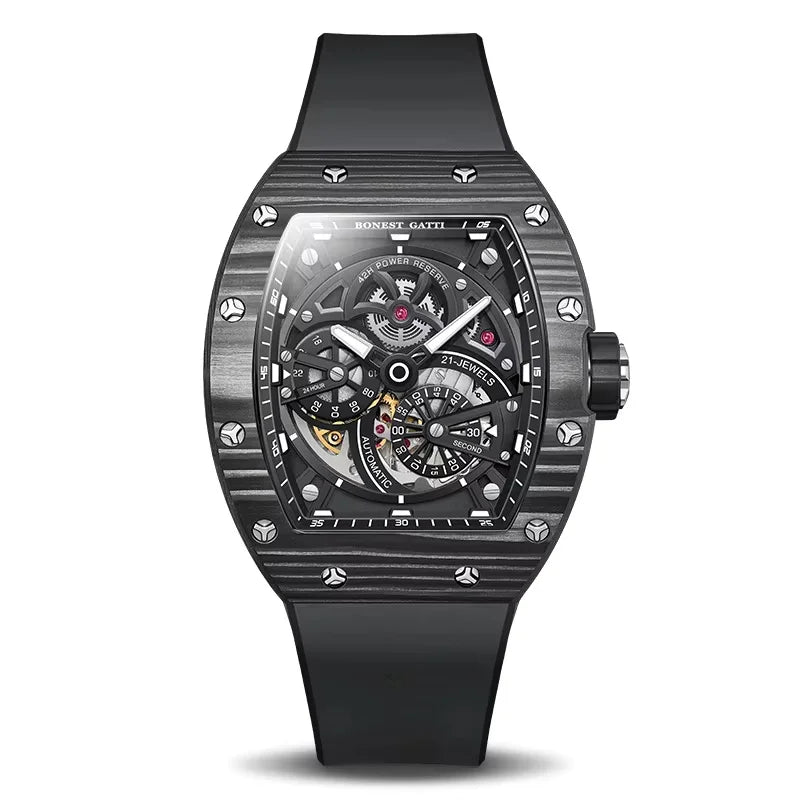 Montre BONEST GATTI BG-9004 – Tourbillon Automatique, Lunette Fibre de Carbone, Tonneau 46 mm, Squelette, Bracelet Fluoroélastomère, Étanche 5 ATM – CLEVI Paris