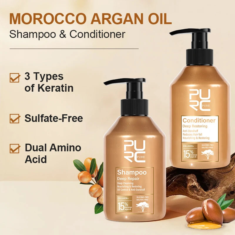 Duo Shampoing & Après-Shampoing PURC | Huile d'Argan du Maroc | Kératine & Acides Aminés | Sans Sulfate | Certifié CPNP – CLEVI Paris