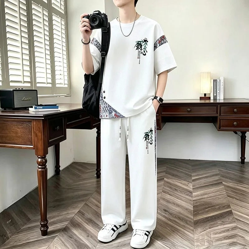 Ensemble 2 Pièces Homme T-shirt Imprimé + Pantalon 9/10 Été Grande Taille KOLMAKOV – Noir & Blanc, M à 4XL – CLEVI Paris
