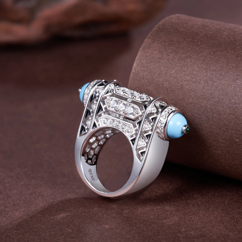 Bague Alliance Saphir Lab & Turquoise | Diamant Haute Carbone Argent 925 – CLEVI Paris