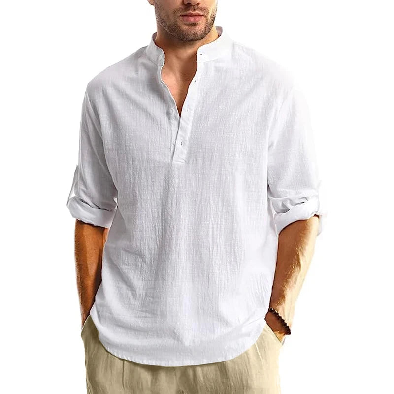 Chemise Henley Homme Manches Longues 100% Coton – Col Montant, Style Streetwear Casual, Grande Taille