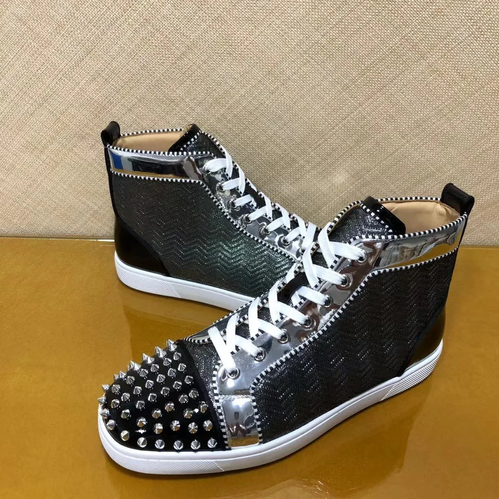 Sneakers Montantes Cuir Véritable Color Block Rivets Argentés Homme – Semelle Rouge, Lacets, Tailles 35-48 – CLEVI Paris