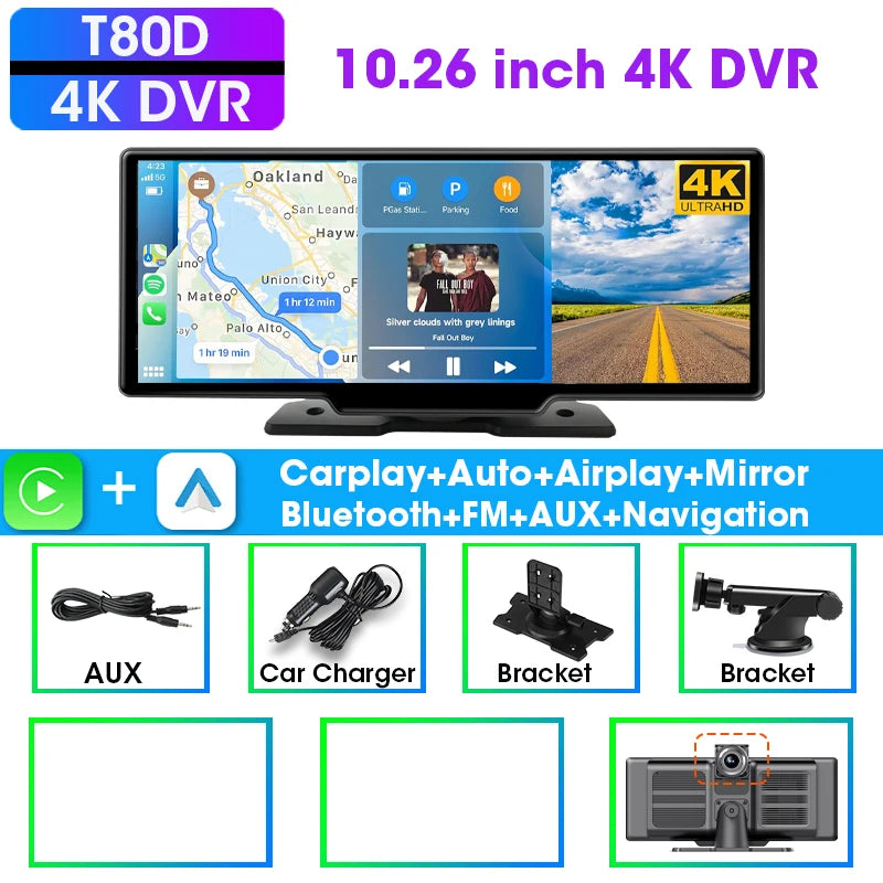 Écran CarPlay Android Auto Sans Fil 7"/10,26" – Dashcam 4K Double Objectif GPS WiFi 5G Caméra Recul – CLEVI Paris