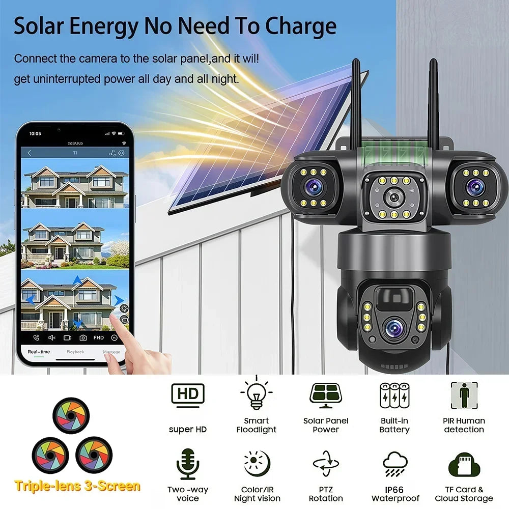 Caméra de Surveillance V380 Pro 4G Solaire 15MP 3 Objectifs PTZ Vision Nocturne – CLEVI Paris