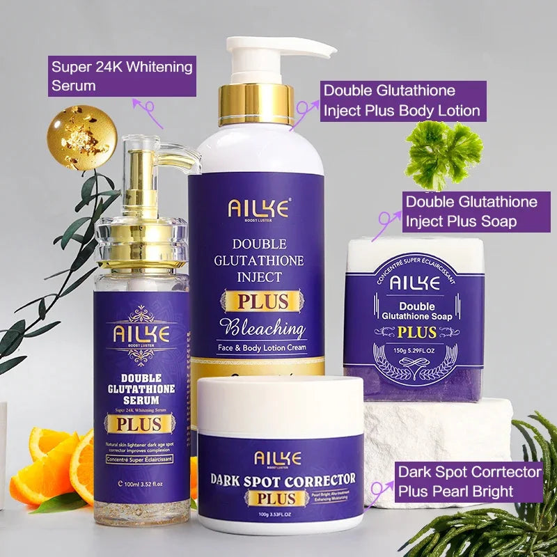 Gamme Double Glutathion PLUS AILKE – Sérum 24K Or, Lotion, Savon & Crème Anti-Taches – CLEVI Paris