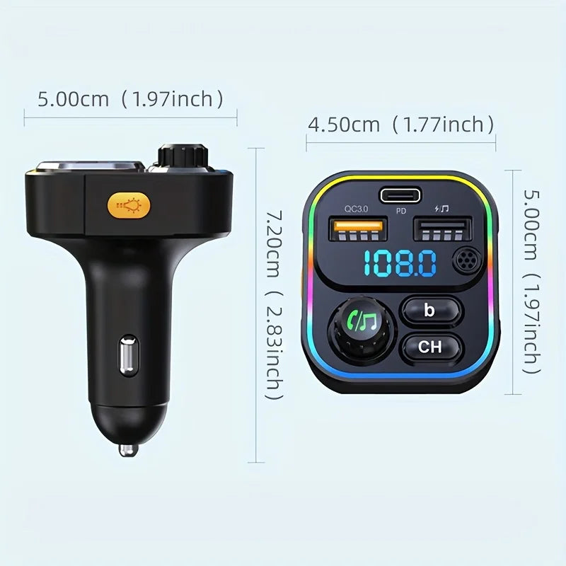 Émetteur FM Voiture Bluetooth 5.3 – Charge Rapide PD 20W QC3.0 AUX Lecteur MP3 Lumières Ambiance 12-24V – CLEVI Paris