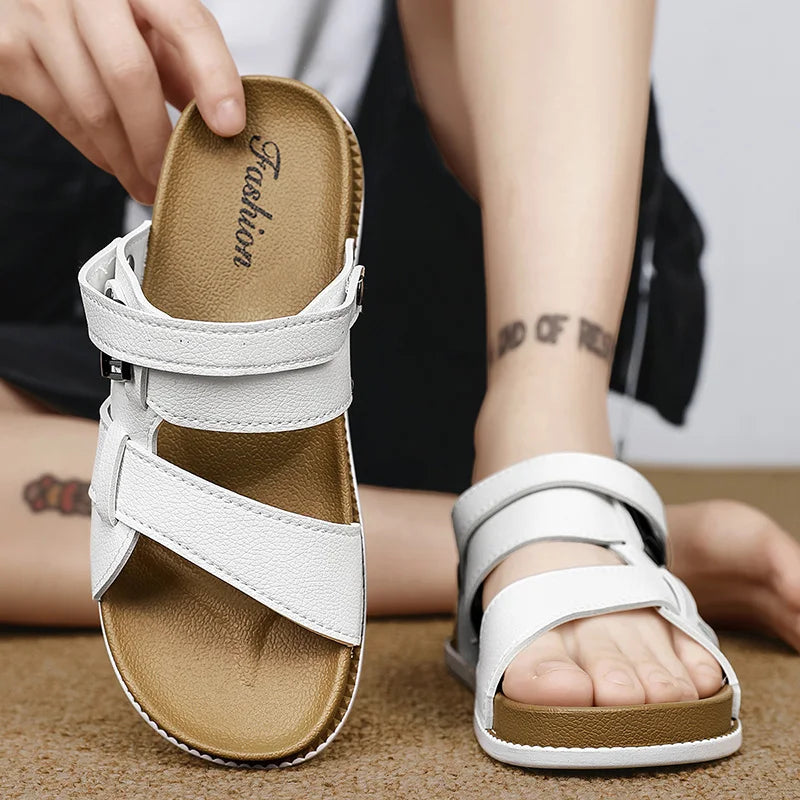 Sandales Homme Été – Cuir Synthétique, Boucle, Antidérapantes, Style Classique | Marron, Noir ou Blanc