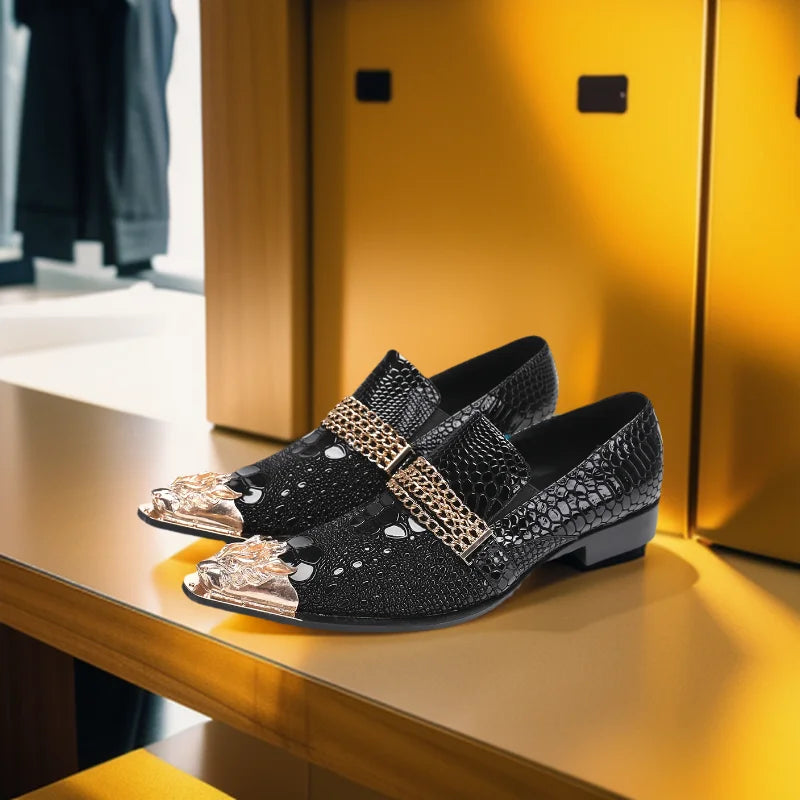 Mocassins Homme Cuir de Vache Motif Python Bout Pointu Slip-On | Business & Mariage EU 36-49