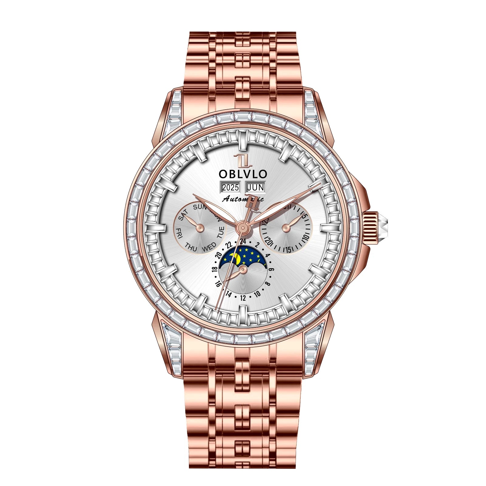 Montre Automatique Phase de Lune | Zircon Multicolore Bracelet Cuir – CLEVI Paris