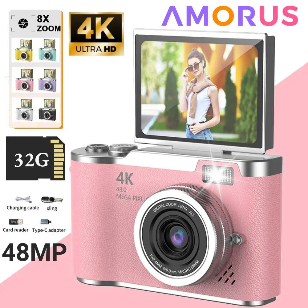 Appareil Photo Numérique CCD 48MP 4K Zoom 8x Écran Selfie 180° | Filtres Beauté Cadeau