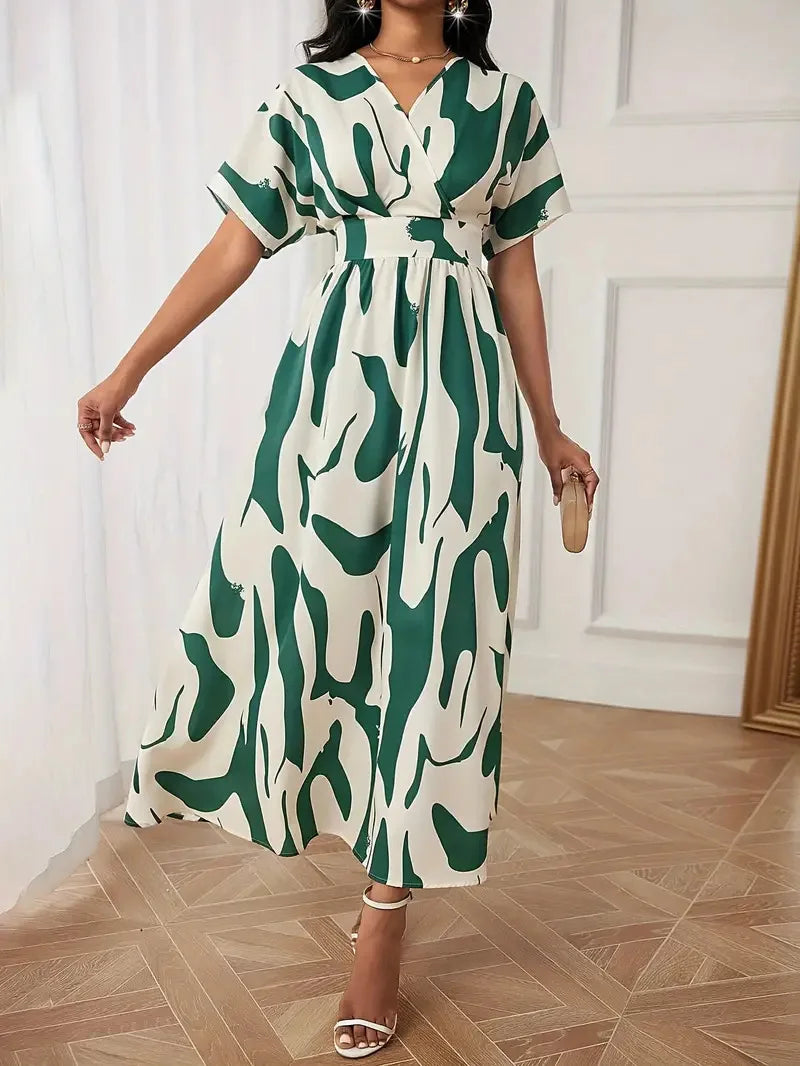 Robe Femme Col V Manches Courtes Imprimé Abstrait A-Line Taille Empire Casual Été – CLEVI Paris