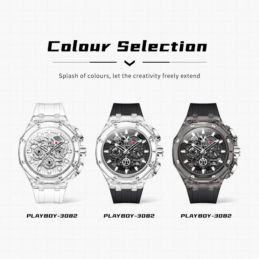 Montre Homme PLAYBOY 3082 – Squelette Quartz, Chronographe, Bracelet Silicone, Étanche 3 ATM – CLEVI Paris