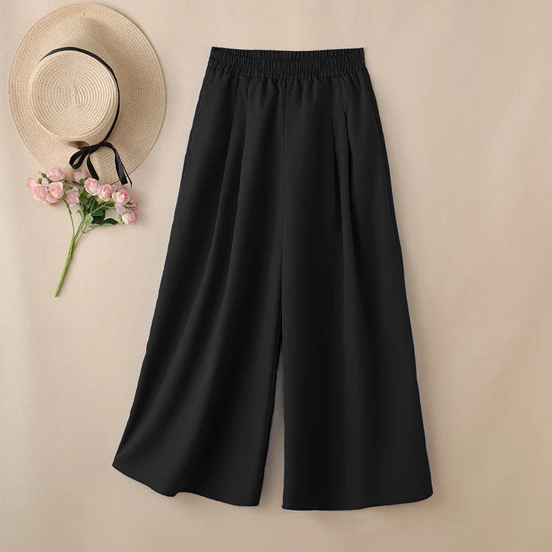 Pantalon Femme Jambe Large Plissé Taille Élastique Casual Bohème Cheville – CLEVI Paris