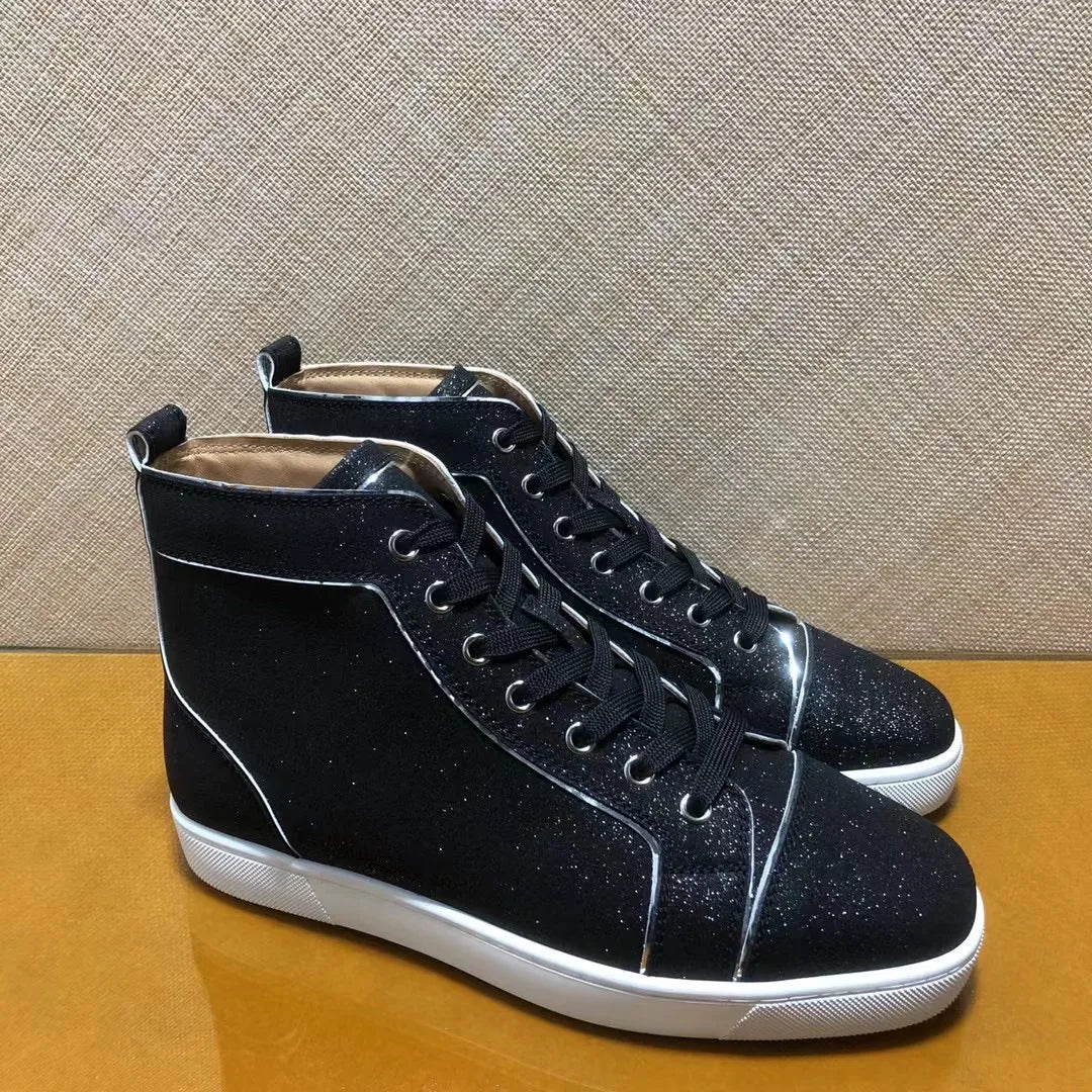 Sneakers Montantes Cuir Glitter Noir Homme – Semelle Rouge, Lacets, Tailles 35-48 – CLEVI Paris