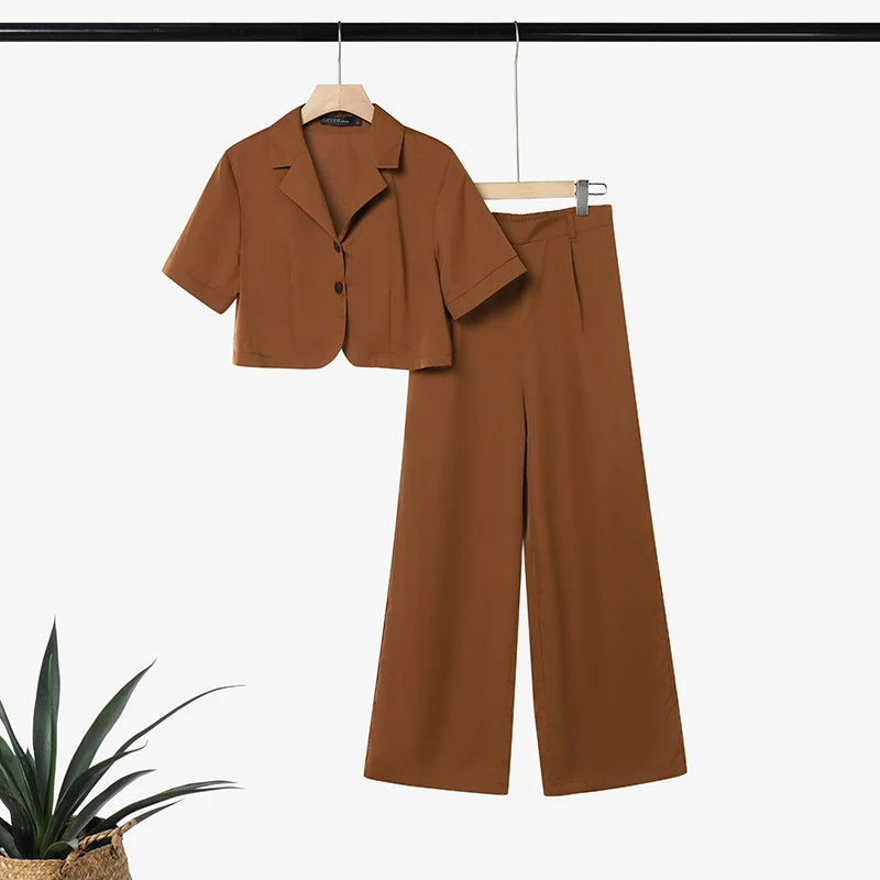 Ensemble 2 Pièces Femme Crop Top Col Rabattu Manches Courtes Boutonné + Pantalon Large Taille Haute Élastique Poches Casual OL Marron Kaki Marine – CLEVI Paris