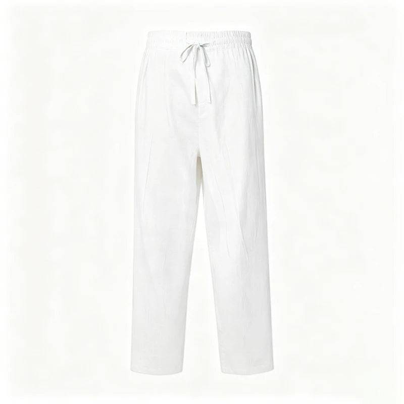 Pantalon Lin Homme Coupe Droite Ample Taille Élastique Cordon Léger Respirant Casual Plage Bureau Beige Noir Blanc – CLEVI Paris