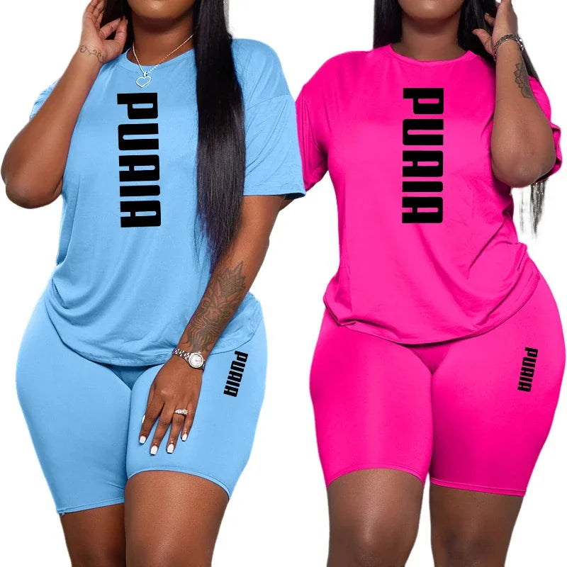 Ensemble 2 Pièces Femme T-Shirt Col Rond Manches Courtes Imprimé + Short Casual Sport 8 Coloris – CLEVI Paris