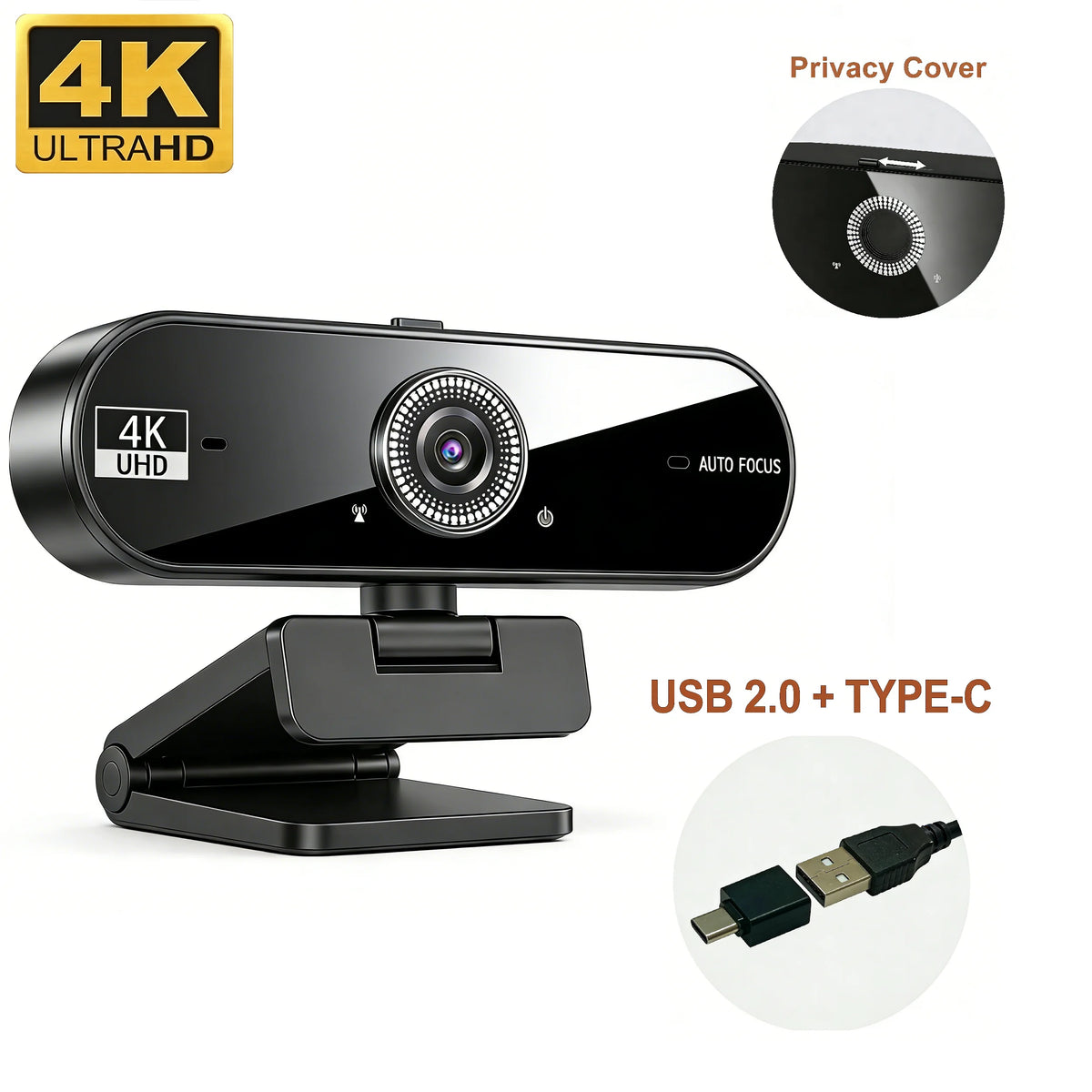 Webcam 4K 30fps Autofocus Cache Vie Privée Micro USB 2.0 Adaptateur USB-C – CLEVI Paris
