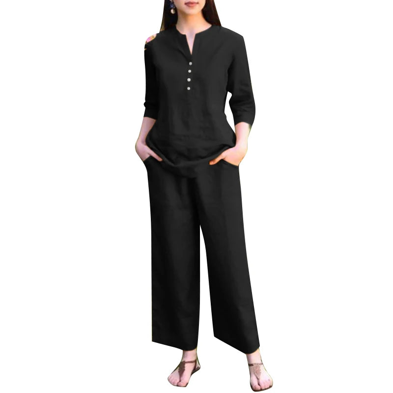 Ensemble 2 Pièces Femme Blouse Col V Manches 3/4 + Pantalon Large Taille Haute Casual Chic – CLEVI Paris