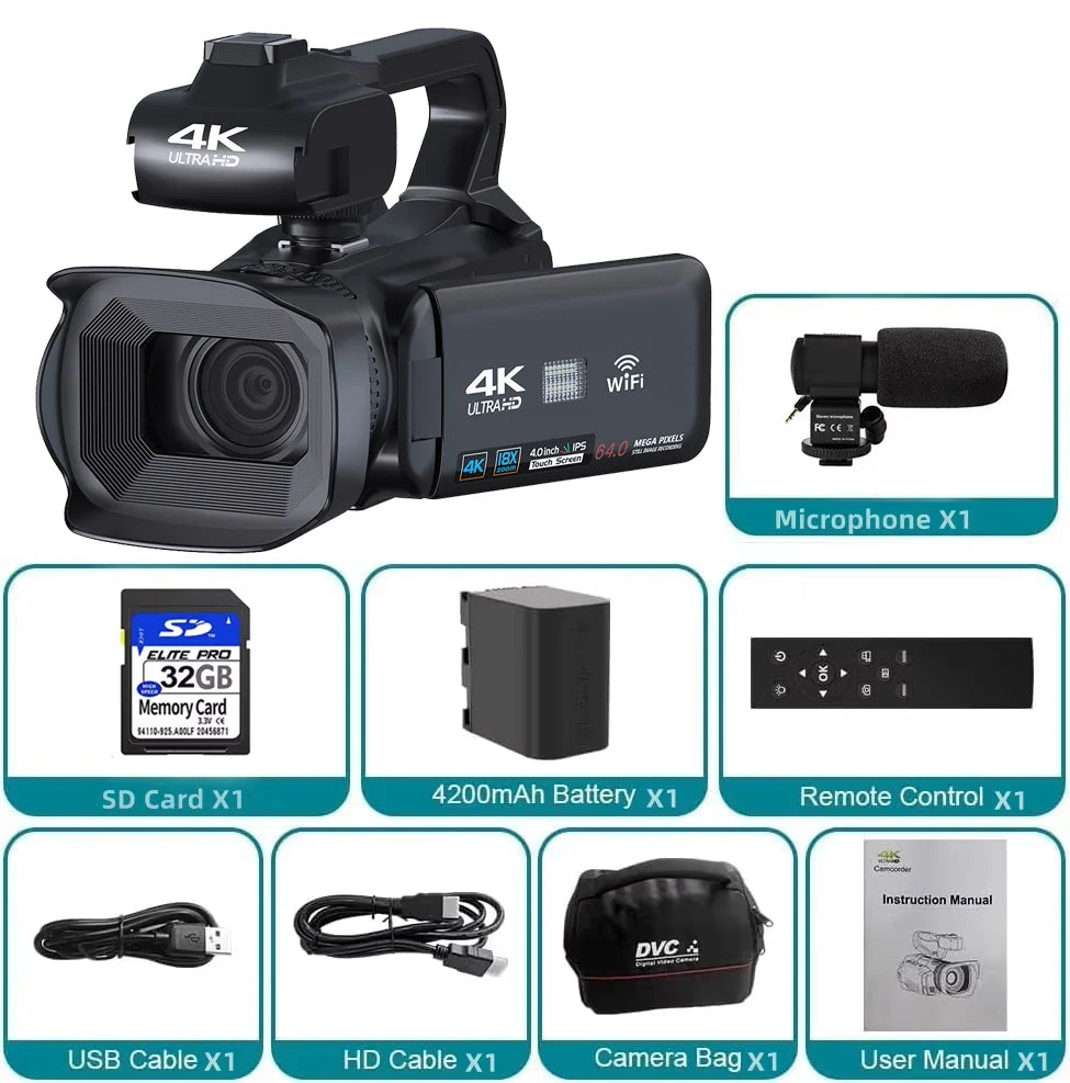 Caméscope Professionnel 4K 64MP KOMERY RX200 – Écran Tactile 4", WiFi, Zoom 18x, Live Streaming
