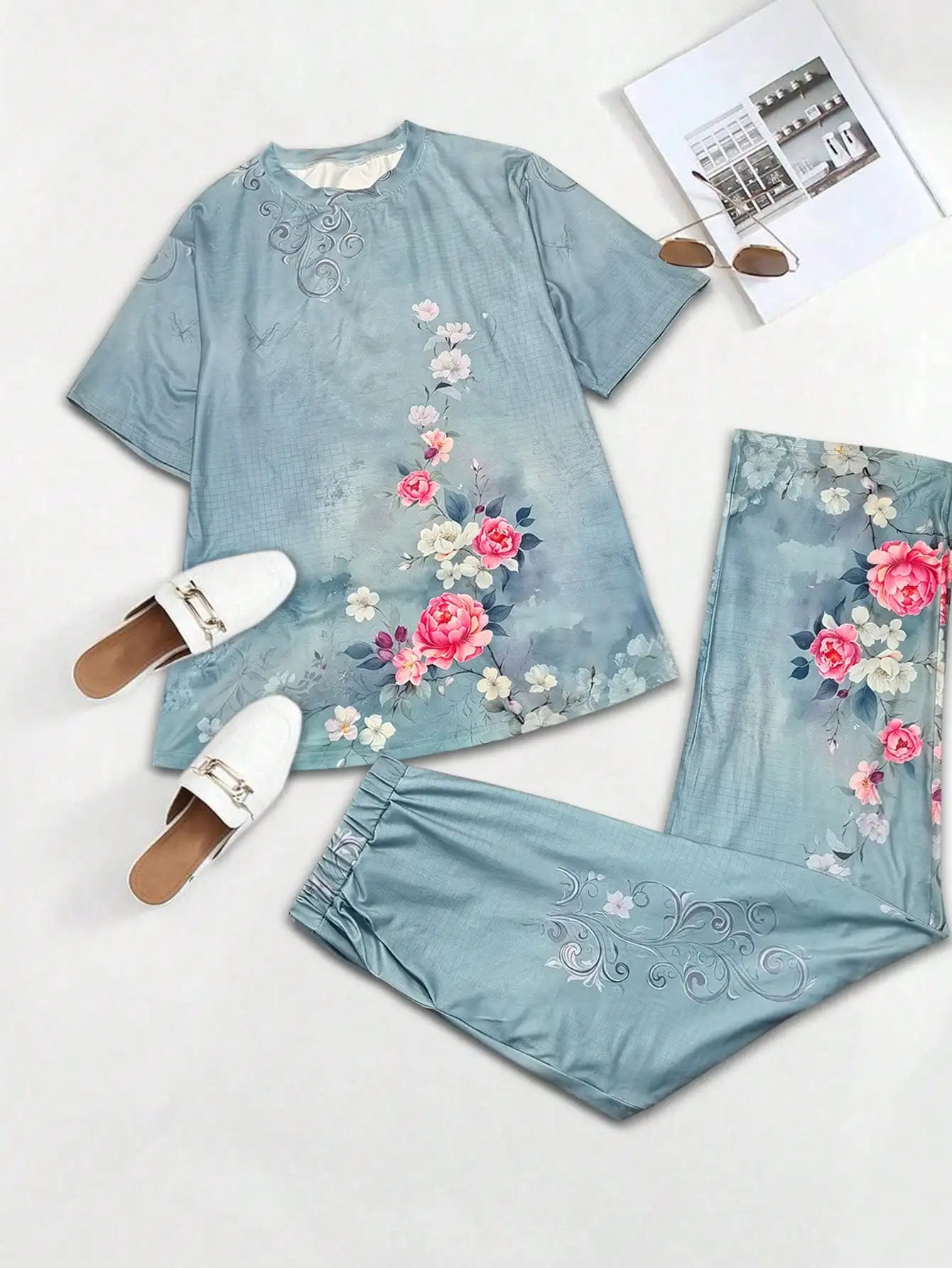 Ensemble 2 Pièces Femme Top Col Rond + Pantalon Imprimé Floral Vintage Stretch – CLEVI Paris