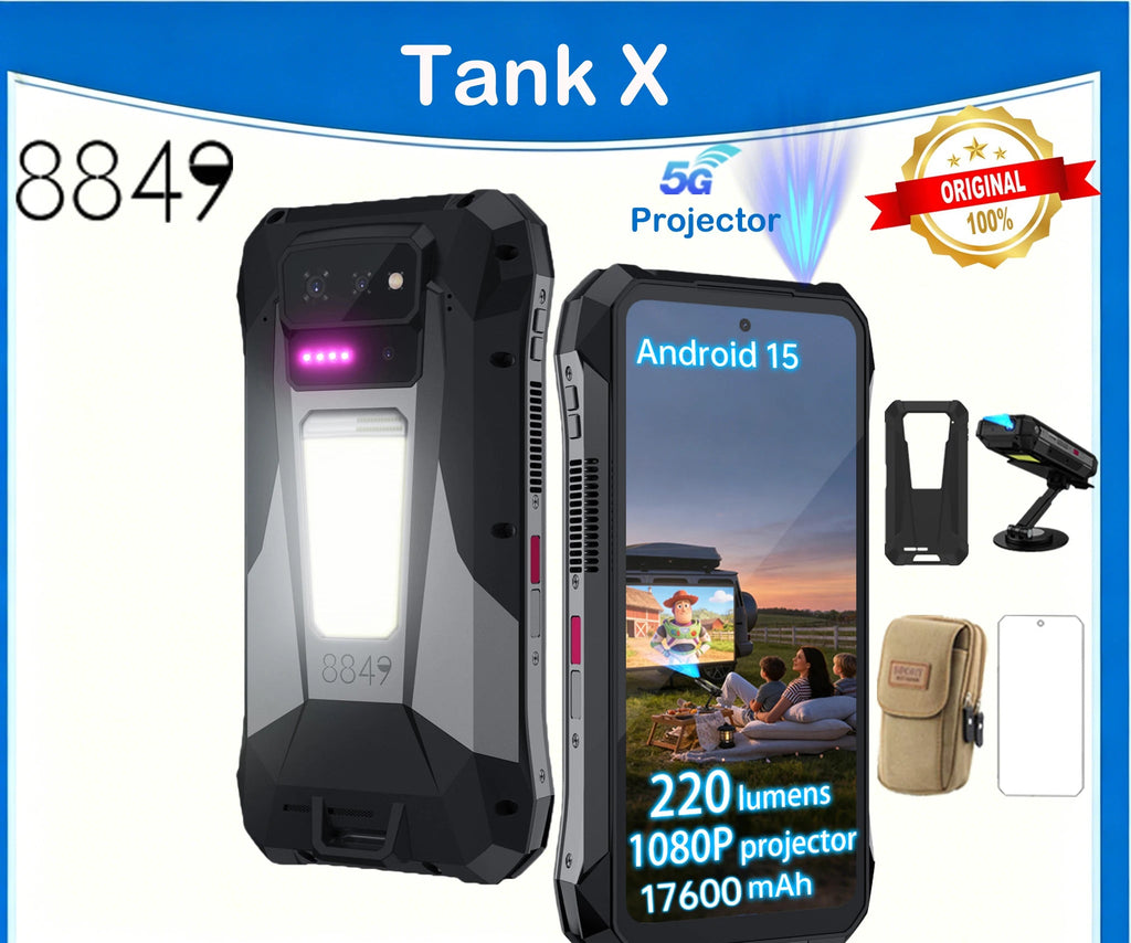 8849 Tank X Smartphone Rugged 5G Projecteur 220lm 1080P Dimensity 8200 17600mAh Android 15 IP68 – CLEVI Paris