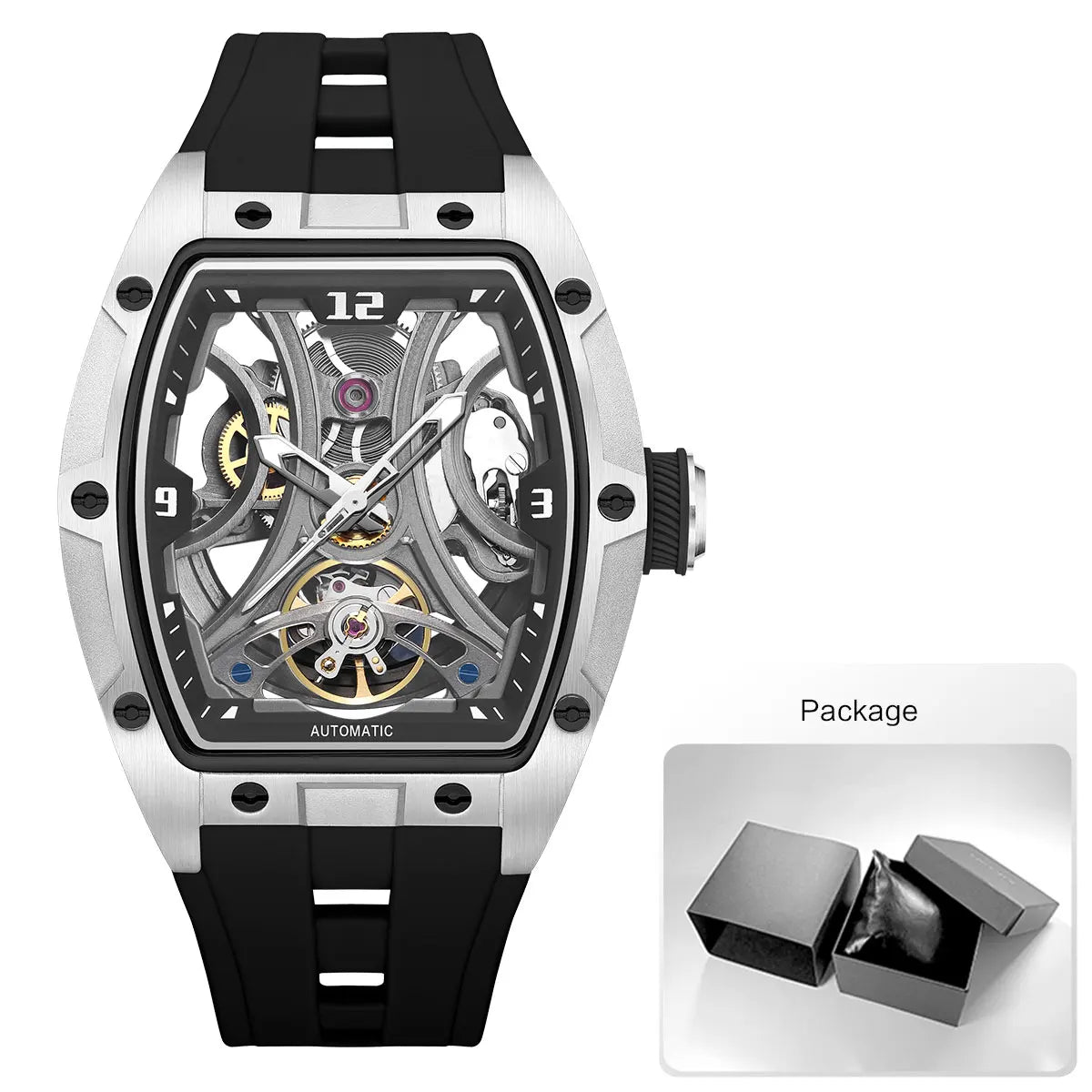 MEGIR Montre Automatique Homme Squelette Transparent Tonneau Acier Silicone Sport – CLEVI Paris