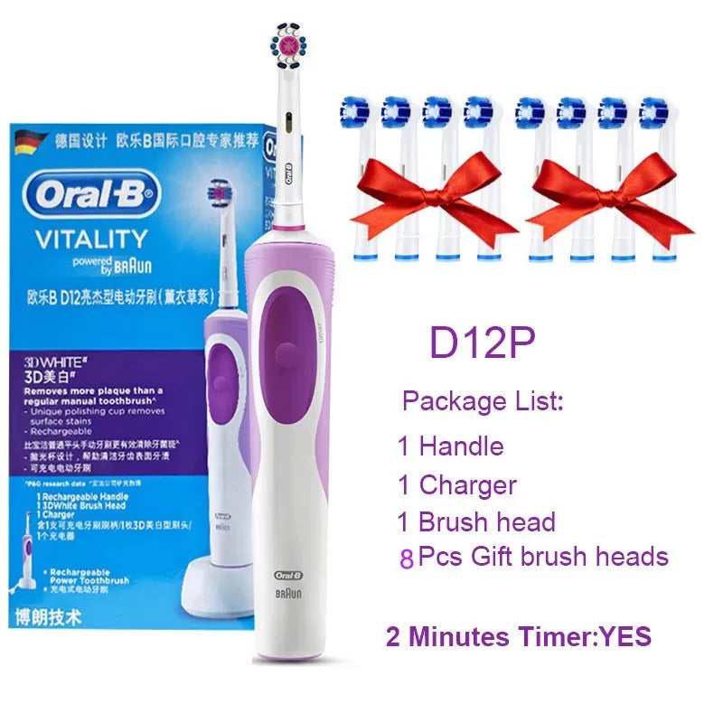 Brosse à Dents Électrique Oral-B Vitality D12 – Rotation 3D, Têtes FlexiSoft, IPX7, 7 Jours d'Autonomie – Têtes Offertes