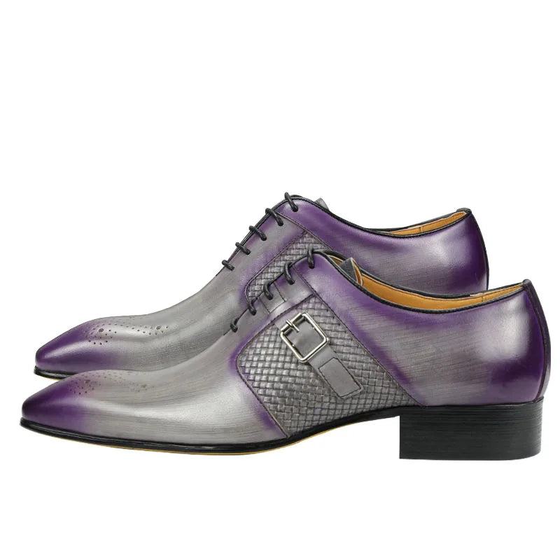 Oxford Homme Cuir de Vache Artisanal Bout Pointu Boucle Métal Gris-Violet | Business EU 39-50
