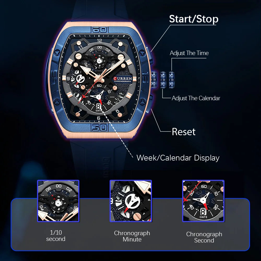 Montre Chronographe Homme CURREN – Boîtier Tonneau, Bracelet Silicone Sport