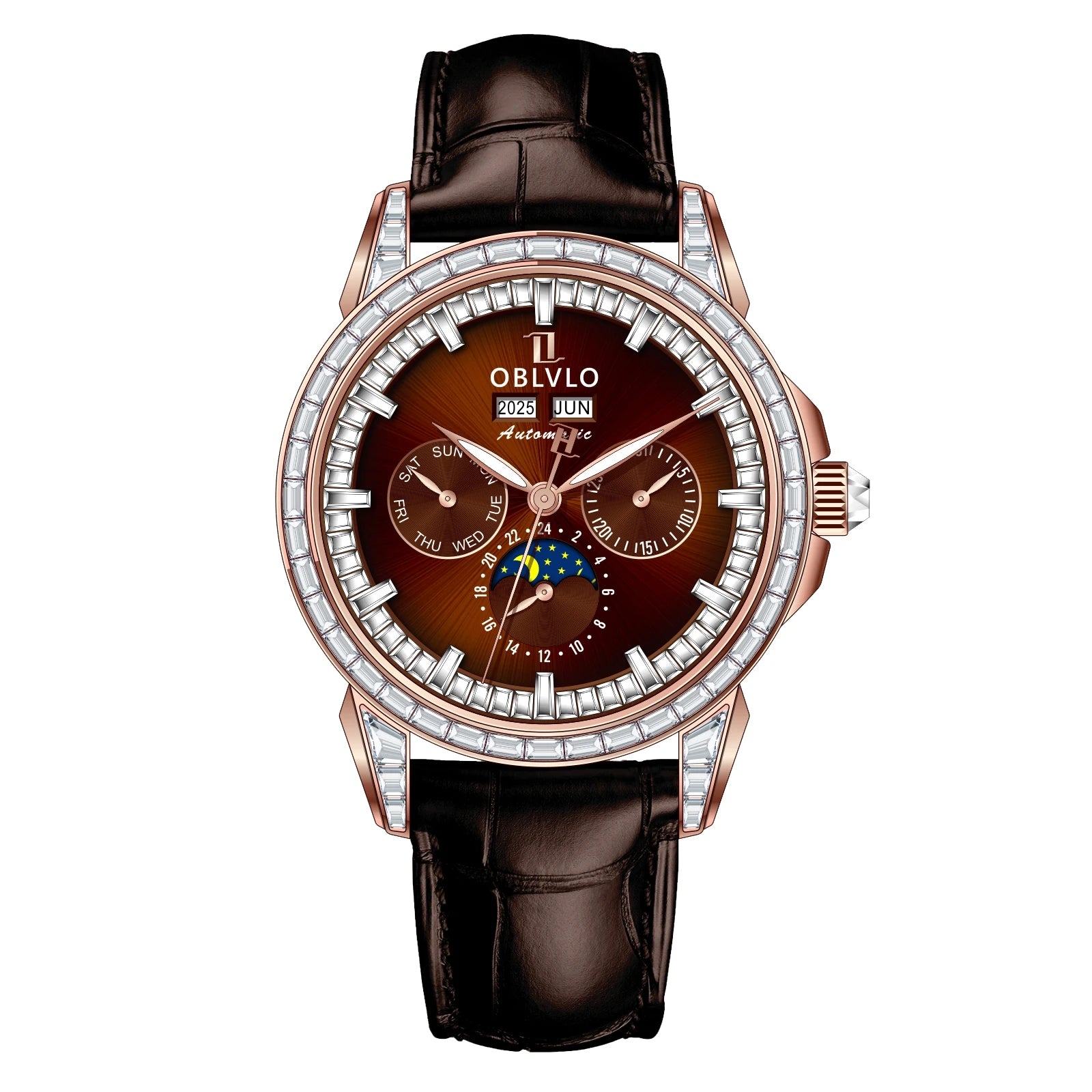Montre Automatique Phase de Lune | Zircon Multicolore Bracelet Cuir – CLEVI Paris