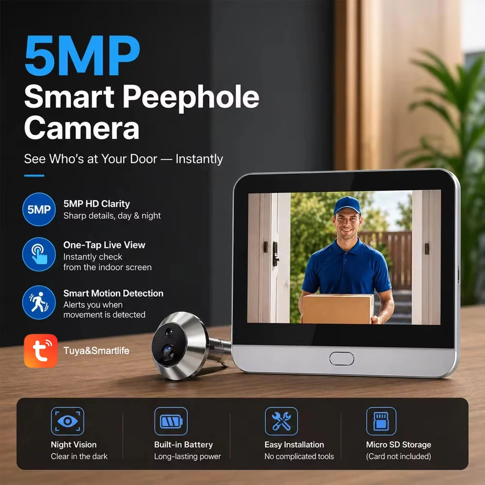 Judas Connecté 5MP avec Moniteur 4,3" – Batterie 5000mAh WiFi Tuya Détection PIR Vision Nocturne – CLEVI Paris