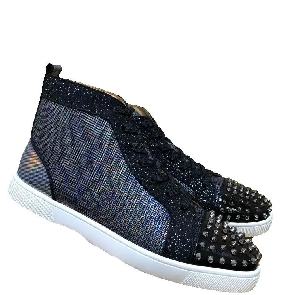 Sneakers Montantes Cuir Véritable Noir & Bleu Rivets Argentés Homme – Semelle Rouge, Tailles 35-48 – CLEVI Paris