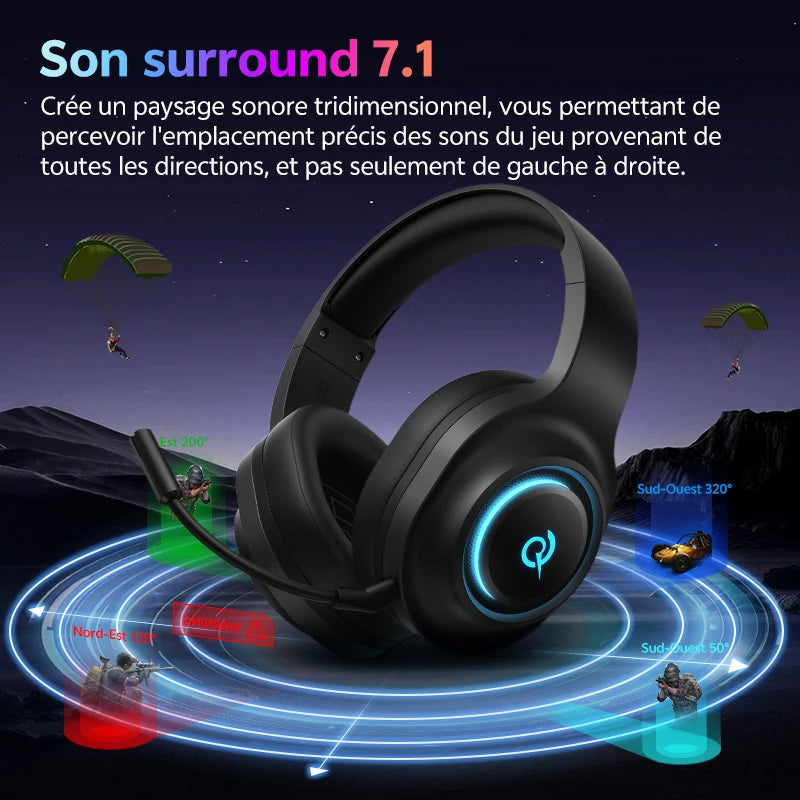 Casque Gaming QCY Heroad V200 7.1 Surround RGB Tri-Mode BT 6.0 240h Micro Détachable – CLEVI Paris