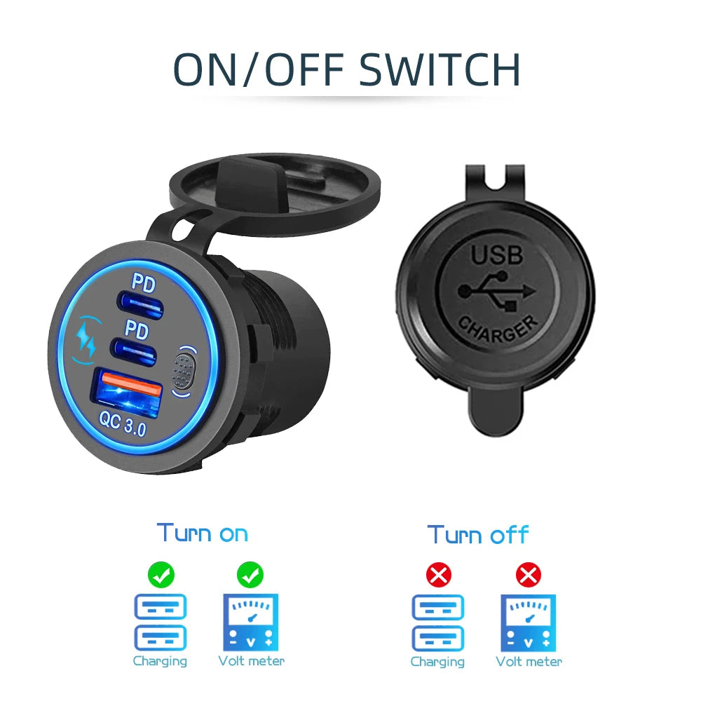 Prise Chargeur USB Voiture 78W PD3.0 QC3.0 Double Port USB-C Étanche LED 12V/24V – CLEVI Paris