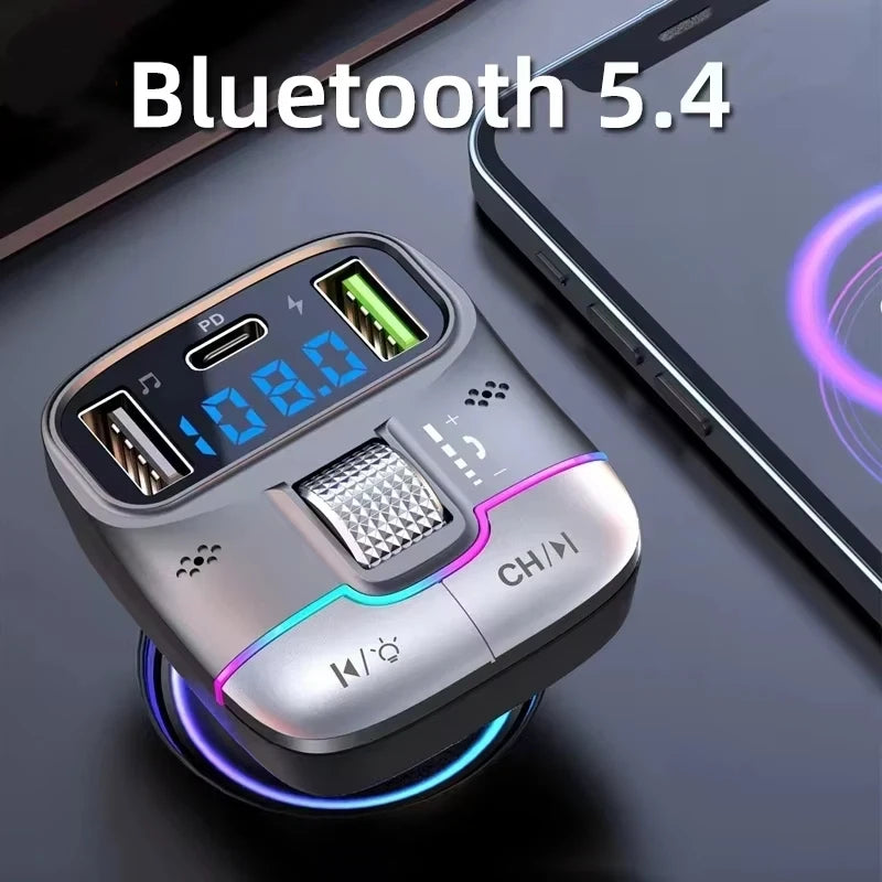 Émetteur FM Voiture Bluetooth 5.4 – Charge Rapide USB 15W + Type-C 25W AUX Lecteur MP3 Lumières Ambiance 12-24V – CLEVI Paris