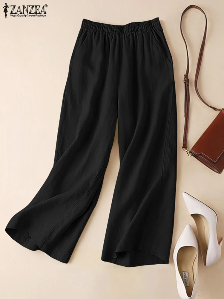 Pantalon Large Femme Coton Lin Taille Élastique – CLEVI Paris