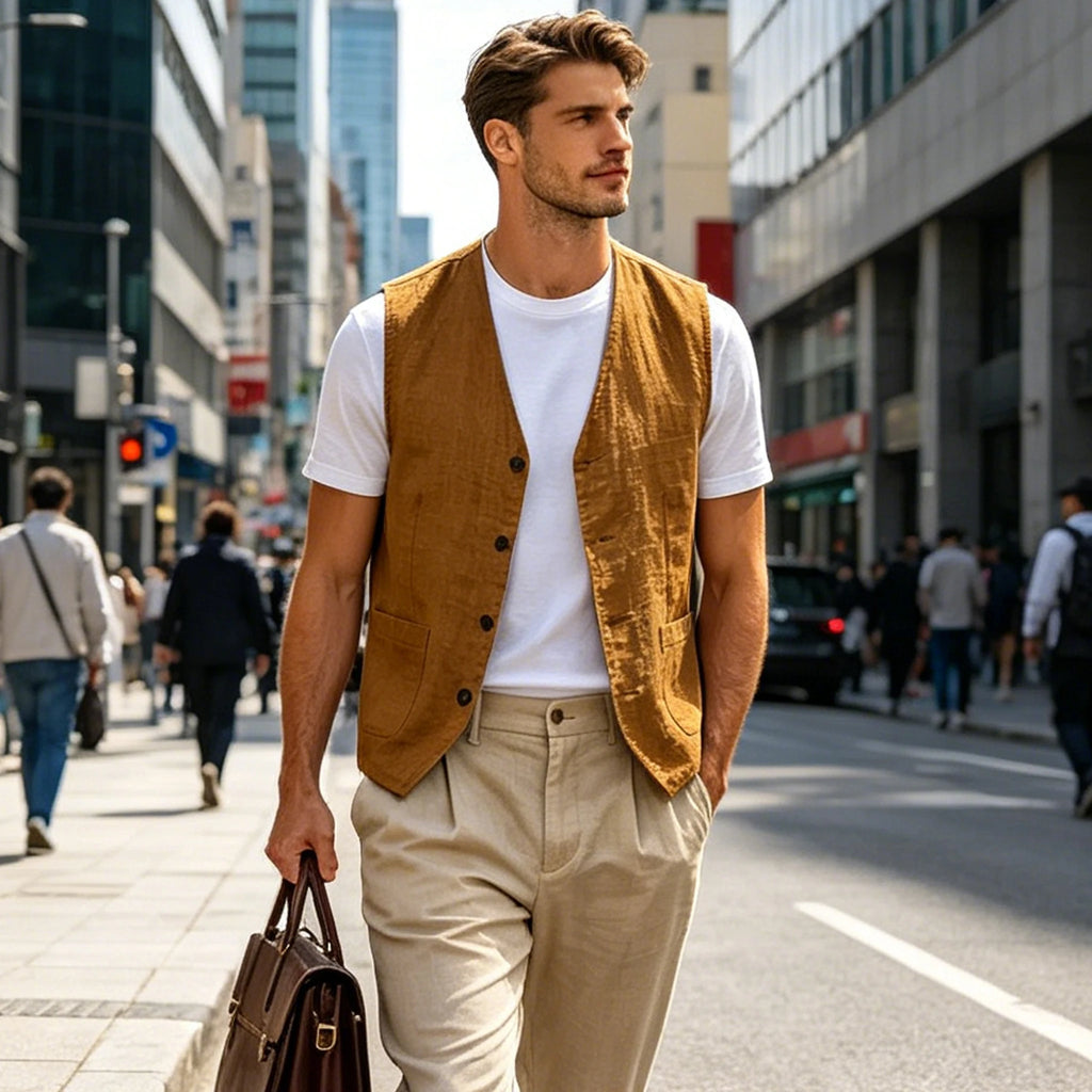 Gilet homme en lin col V – CLEVI Paris