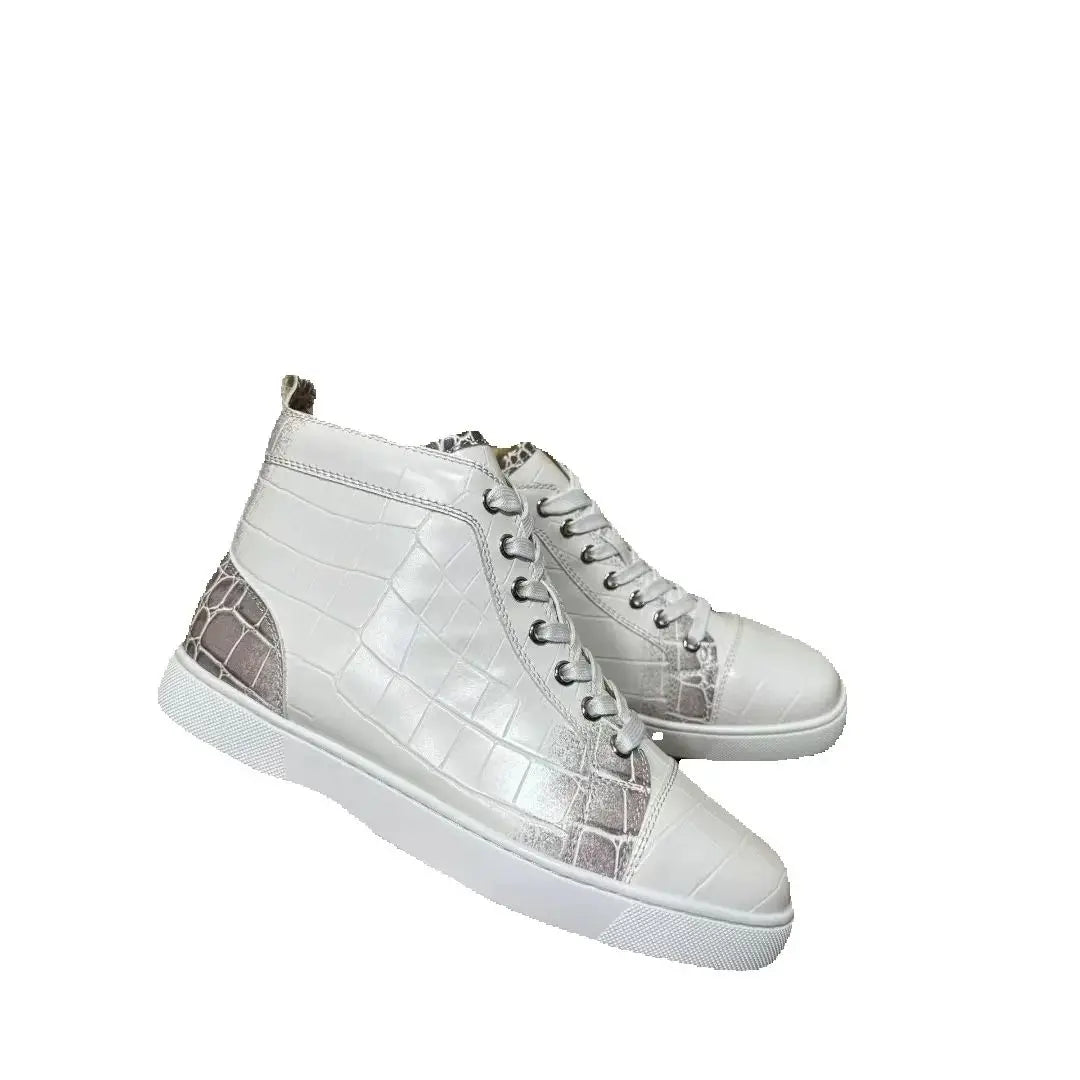 Sneakers Montantes Cuir Croco Blanc Homme – Semelle Rouge, Lacets, Imperméable, Tailles 35-48 – CLEVI Paris