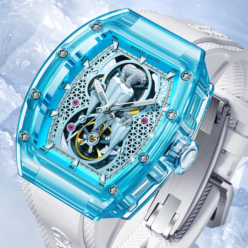 BONEST GATTI Montre Automatique Homme Squelette Ours Polaire Cristal 360° Saphir – CLEVI Paris
