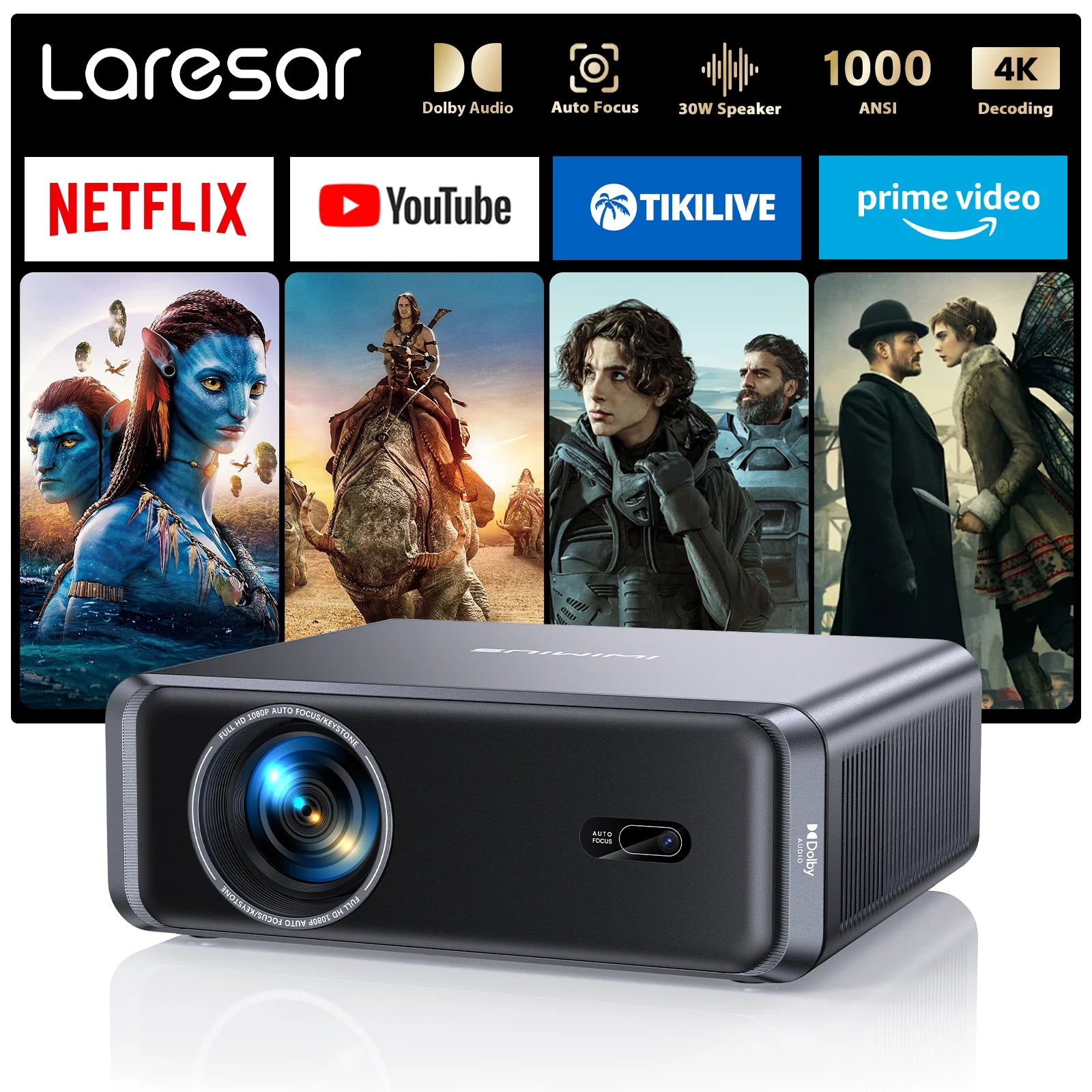 Laresar A1 Projecteur Netflix Linux 1080P 4K 1000 ANSI Autofocus WiFi 6 BT 5.2 Dolby HDMI ARC Son 8W – CLEVI Paris