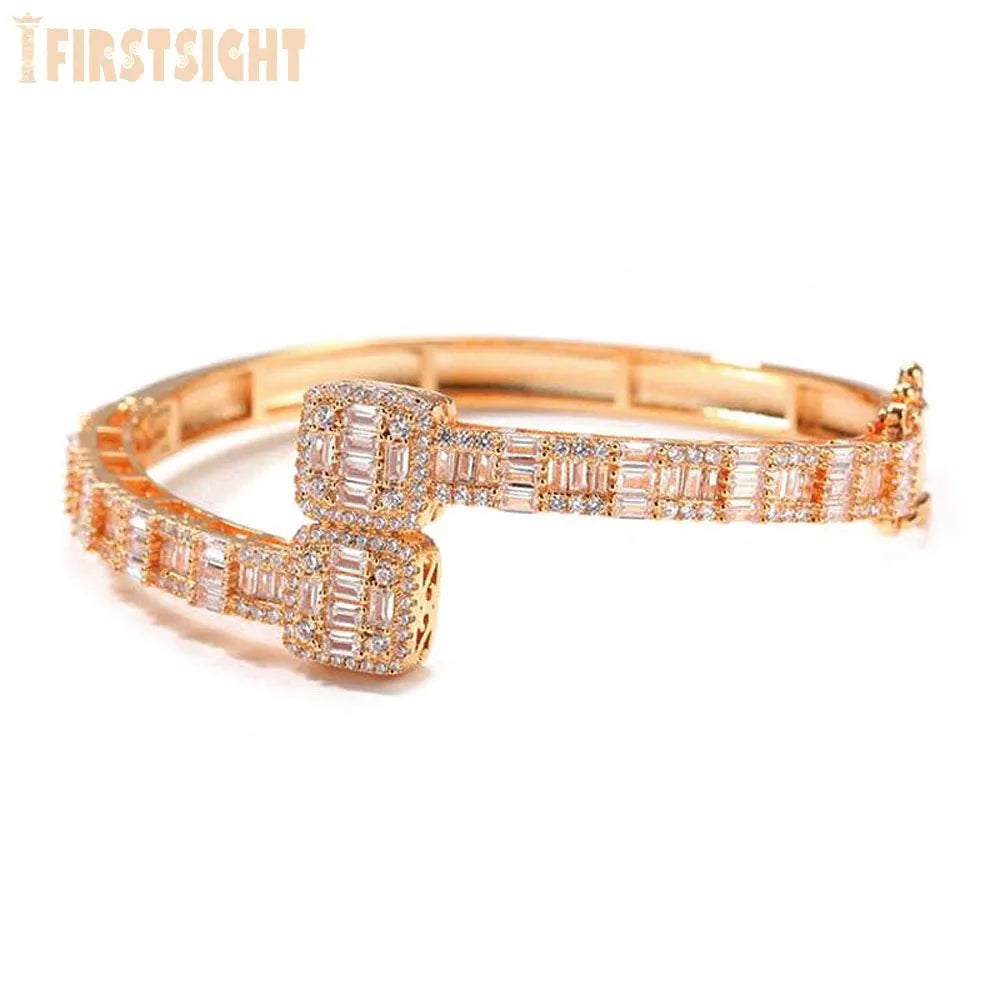 Bracelet Charm Iced Out Zircon Carré – Cuivre Plaqué Or Rose, Or ou Platine, Sertissage Griffe, Mixte Hip Hop, 17-19 cm – CLEVI Paris