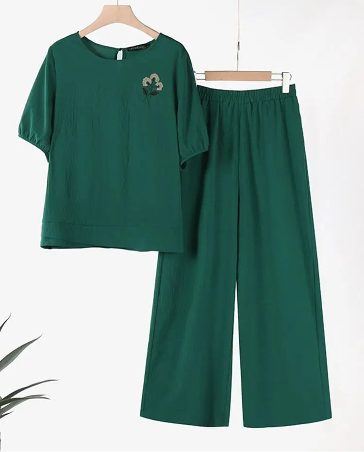 Ensemble 2 Pièces Femme Blouse Manches Bouffantes Broderie Florale + Pantalon Large Casual Bohème – CLEVI Paris