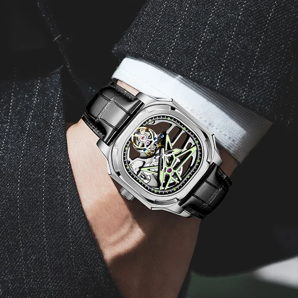 Montre AESOP 7052 – Tourbillon Mécanique Squelette, Diamant Naturel, Verre Saphir, Acier 316L, Cuir, Étanche 5 ATM, Garantie 3 ans – CLEVI Paris