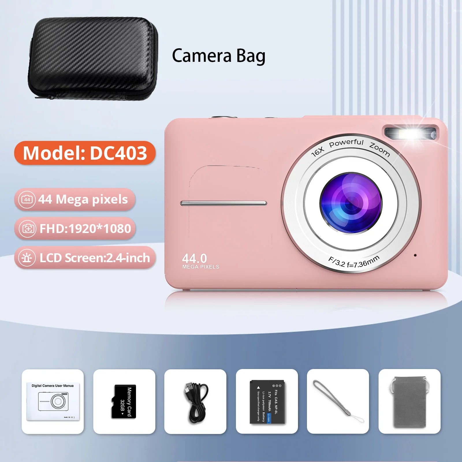 Appareil Photo Numérique Compact 44MP – Vidéo 1080P Zoom 16x Écran 2,4" Webcam Anti-Shake Enfants Débutants – CLEVI Paris